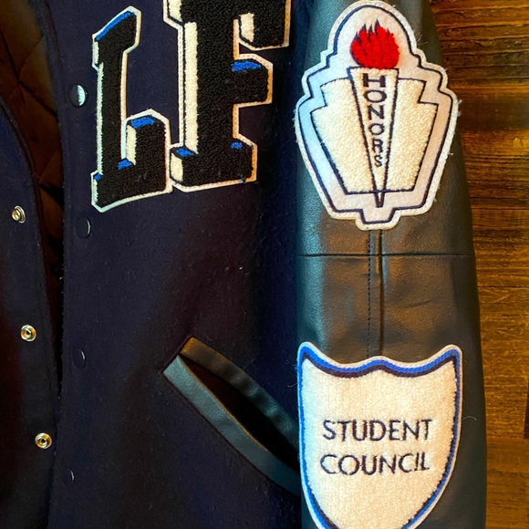 Navy Blue Base w Gray Leather sleeves LF Letterman Jacket - Picture 4 of 5